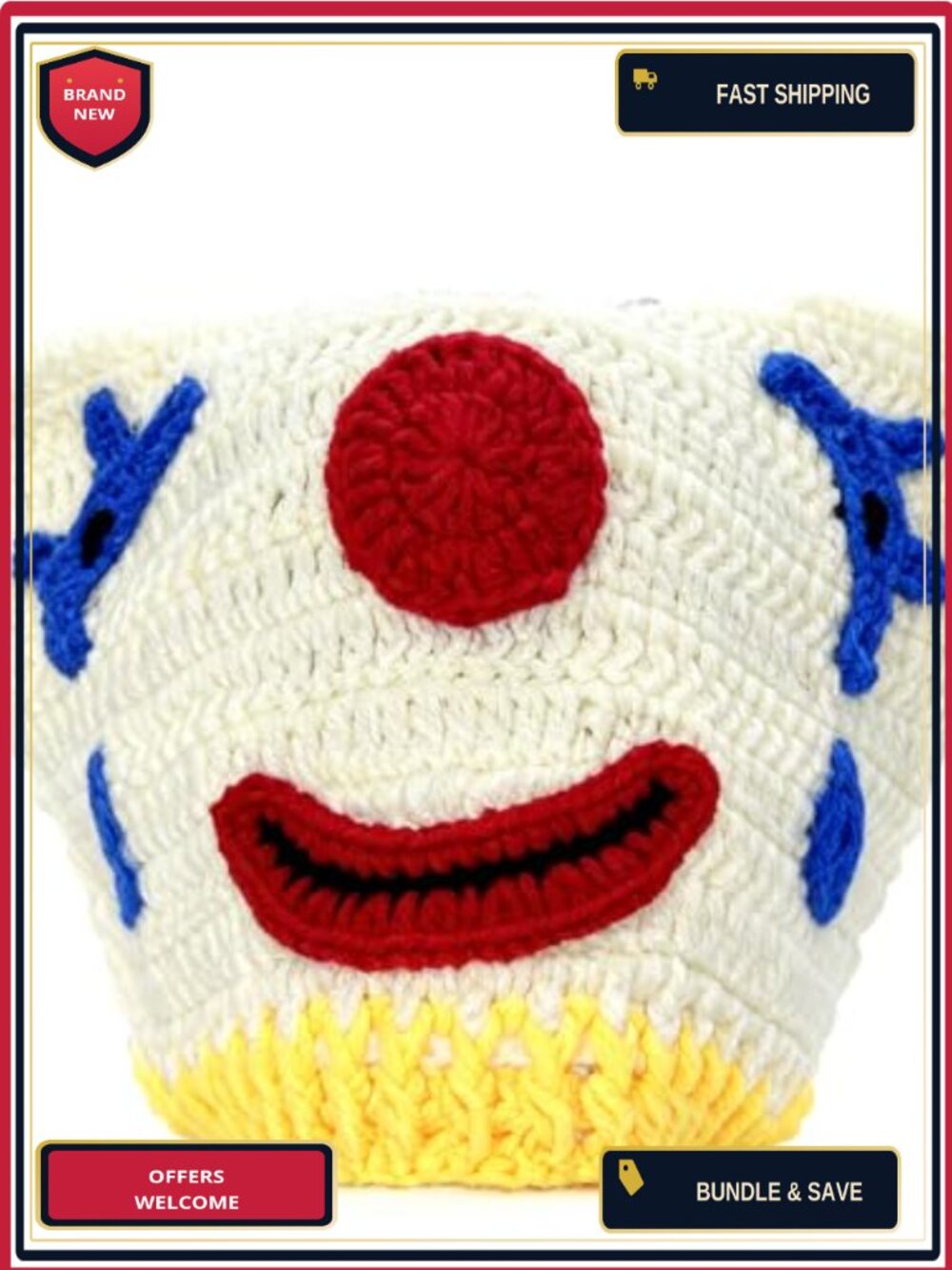 Clown Crochet Beanie Hat with Ears Halloween Costume Accessory